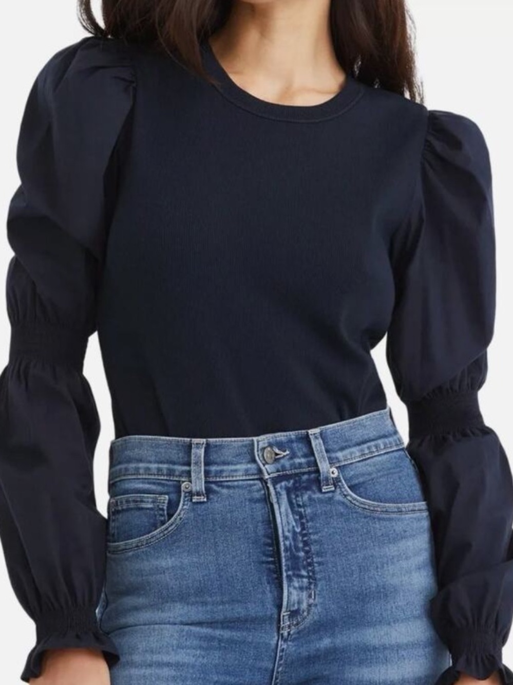VERONICA BEARD Navy Fawn Puff Sleeve Top Size Large Pima Cotton Capsule Casual